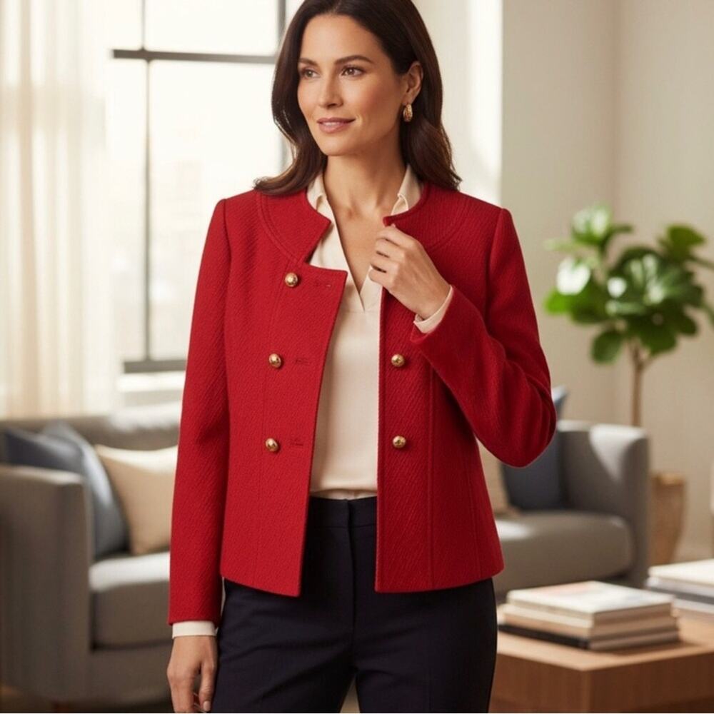 Milly Wool Collarless Red Double-Breasted Blazer Gold Buttons Women’s Size 6